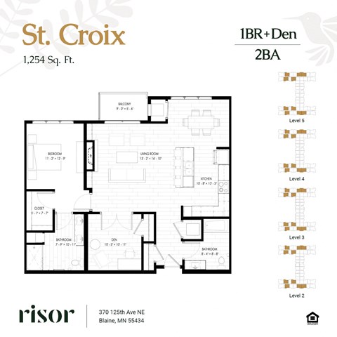 Floor plan for 1 bed, 2 baths, 1254 sqft